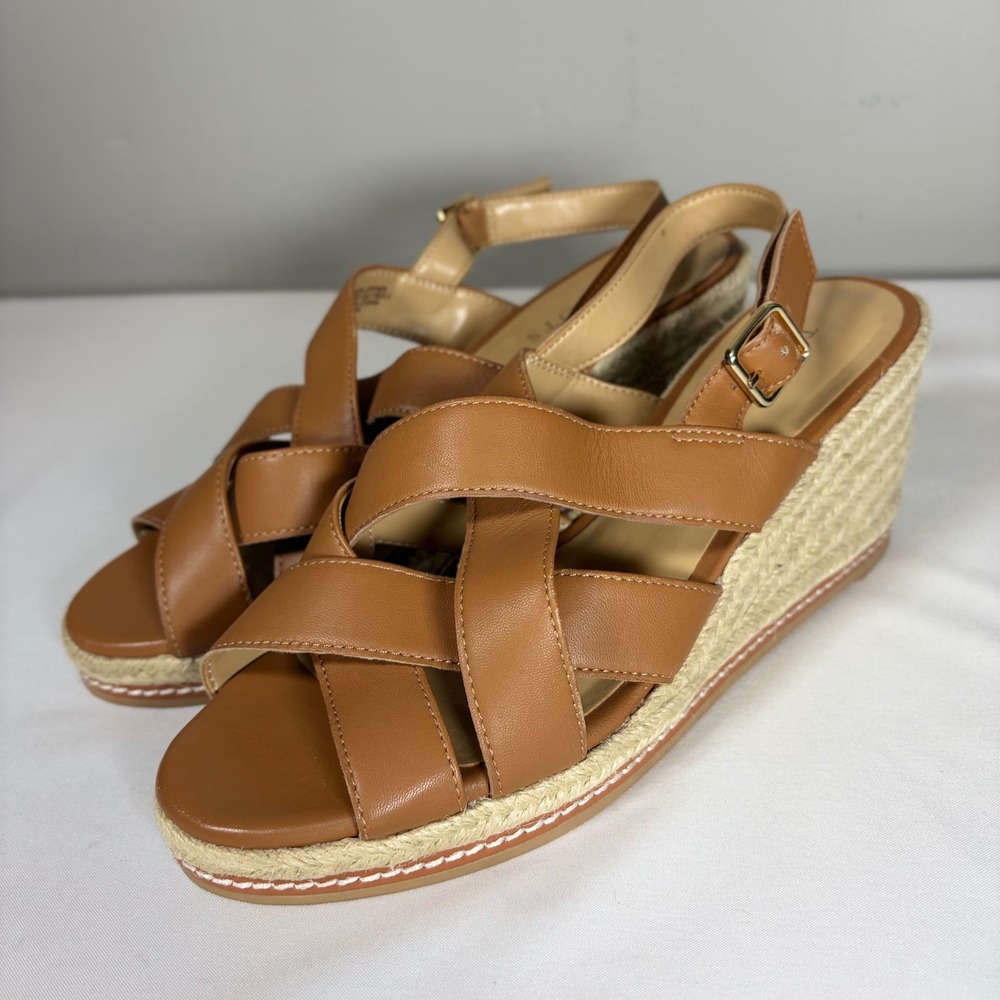 Talbots Womens Cognac Brown Leather Espadrille Wedge Sandals Size 9.5M